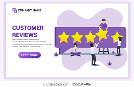 Customer reviews concept with people giving five stars rating, positive feedback, satisfaction and evaluation for product or services. Can use for web banner, landing page. Vector illustration