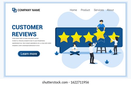 Customer reviews concept with people giving five stars rating, positive feedback, satisfaction and evaluation for product or services. Can use for web banner, landing page. Vector illustration