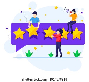 Customer reviews concept, People giving five stars rating and review, positive feedback. Customer Service and User Experience flat vector illustration