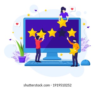 Customer reviews concept, People giving five stars rating and review, positive feedback. Customer Service and User Experience flat vector illustration