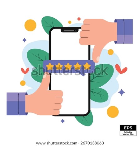 Customer reviews concept with thumbs up and down icons plus five star rating on a smartphone screen, ideal for feedback and satisfaction