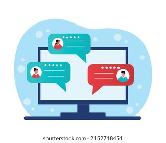 Customer reviews concept. User comments on monitor, feedback and modern methods of marketing on Internet. Evaluation of product or service, peoples opinions. Cartoon flat vector illustration