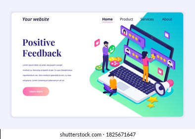 Customer reviews concept. a young woman giving a review by stars rating, and a young man leaving positive feedback. Customer Service and User Experience. Isometric Vector Illustration