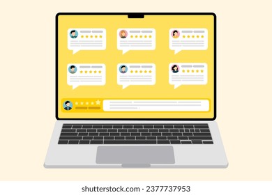 Reseñas y comentarios de los clientes en línea, concepto de reseñas de los usuarios, 
Concepto de retroalimentación del cliente, ilustración del vector de negocio.