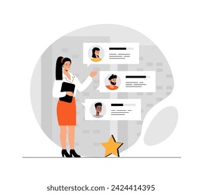 Customer reviews, feedback page. Woman reading user experience comments and client satisfaction rating. Illustration with people scene in flat design for website and mobile development.