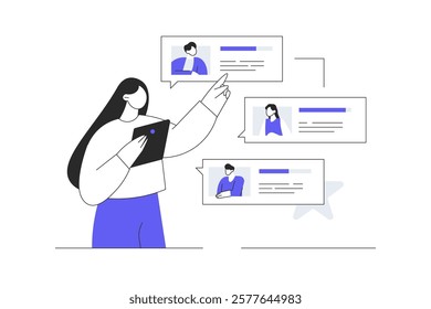 Customer reviews, feedback page. Woman reading user experience comments and client satisfaction rating. Flat Cartoon Vector Illustration, icon. Stylish abstract 