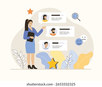 Comentários do cliente, página de comentários. Mulher lendo comentários de experiência do usuário e classificação de satisfação do cliente. Ilustração de vetor plano.	
