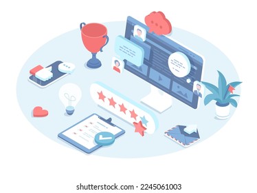 Customer reviews, feedback, stars rating. User experience and satisfaction. Internet marketing. Vector illustration in 3d design. Isometric web banner.	
