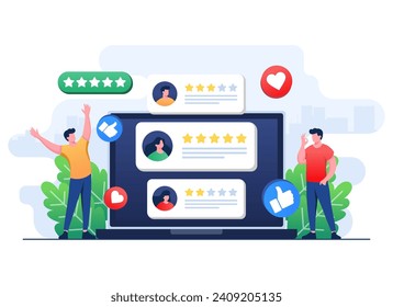 Customer reviews and feedbacks on laptop screen flat illustration, People evaluate product, service, app, website, Satisfaction level and critic concept, User experience