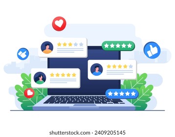Customer reviews and feedbacks on laptop screen flat illustration, People evaluate product, service, app, website, Satisfaction level and critic concept, User experience