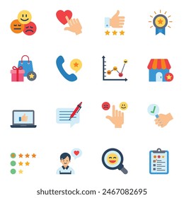 Customer reviews flat icon set. such as chat, feedback, emotion, review. Feedback and user experience of clients.