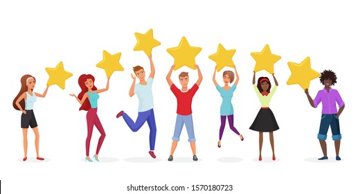 Customer reviews flat vector banner template. Happy users holding golden stars cartoon characters. Customers evaluating performance, services. Consumers positive feedback poster with text space