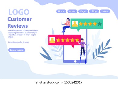 Customer reviews, giving feedback web page.Flat vector illustration isolated on white background. Can use for web banner, infographics, web page.