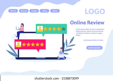 Customer reviews, giving feedback web page.Flat vector illustration isolated on white background. Can use for web banner, infographics, web page.