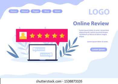 Customer reviews, giving feedback web page.Flat vector illustration isolated on white background. Can use for web banner, infographics, web page.