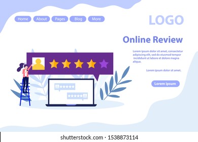 Customer reviews, giving feedback web page.Flat vector illustration isolated on white background. Can use for web banner, infographics, web page.