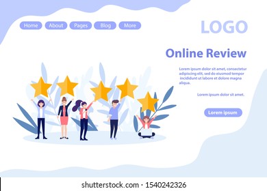 Customer reviews, giving feedback web page.Flat vector illustration isolated on white background. Can use for web banner, infographics, web page.