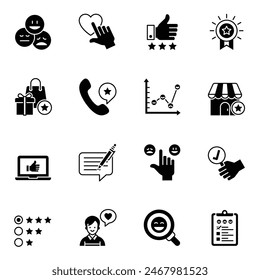 Cliente revisa el conjunto de iconos de glifo. como chat, Comentarios, emoción, revisión. Comentarios y experiencia de usuario de los clientes.