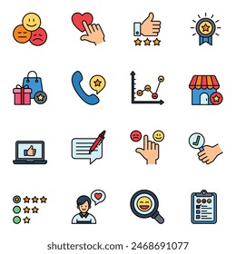 Kunde überprüft Icon Set. Wie Chat, Rückmeldung, Emotion, Review. Rückmeldung und Benutzerfreundlichkeit der Kunden. Vektorgrafik der Linearfarbsymbole.