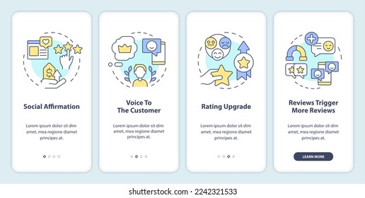 Customer reviews importance reasons onboarding mobile app screen. Walkthrough 4 steps editable graphic instructions with linear concepts. UI, UX, GUI template. Myriad Pro-Bold, Regular fonts used