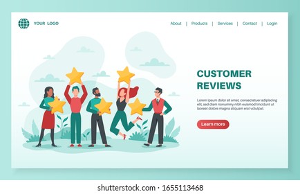 Customer reviews landing. Clients feedback rating, user evaluating product or service, people with stars design for mobile app, vector web marketing page