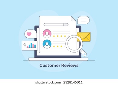 Customer reviews online, Online survey form. Website collecting customers feedback - vector illustration background with icons