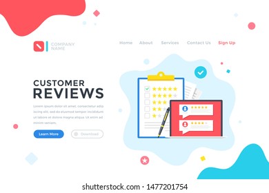 Customer reviews. Online survey, rating stars, feedback concept. Modern flat design graphic elements for web banner, landing page template, website. Vector illustration