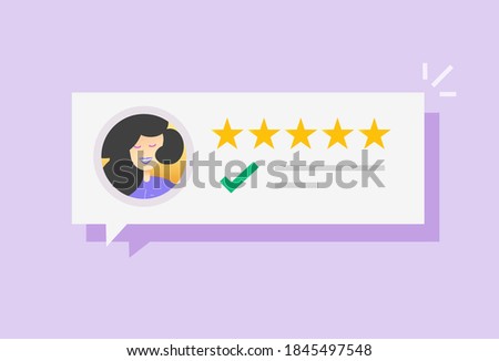 Customer reviews online testimonials and feedback vector bubble icon flat cartoon illustration, happy client person evaluation comment messages with good rating five stars design element