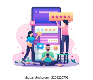 Customer reviews with people giving star ratings on a mobile phone. Positive feedback, satisfaction, review rating, or evaluation concept. Vector illustration in flat style