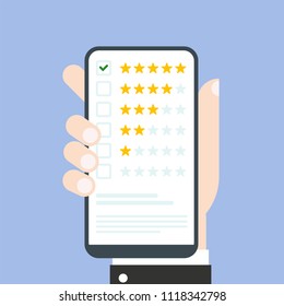 	
Customer reviews, rating, classification concept on smartphone screen