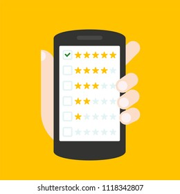 	
Customer reviews, rating, classification concept on smartphone screen