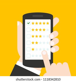 	
Customer reviews, rating, classification concept on smartphone screen