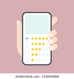 	
Customer reviews, rating, classification concept on smartphone screen