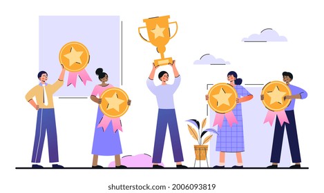 Customer reviews rating concept. Satisfied customers hold a trophy and gold quality marks in their hands. People leave their reviews and comments. Cartoon flat vector illustration on white background