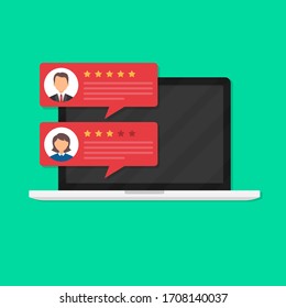 Customer reviews. rating on the laptop screen. View speech bubble ratings. tracked comments. vector illustration 10 eps