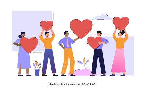 Customer reviews rating. Satisfied customers put their hearts on product or service. Characters leave comment and positive feedback. Cartoon flat vector illustration isolated on white background