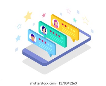 Customer reviews. Review rating on mobile phone, feedback vector illustration. Reading customer review in smart phone before buying products.