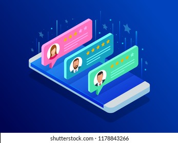 Customer Reviews. Review Rating On Mobile Phone, Feedback Vector Illustration. Reading Customer Review In Smart Phone Before Buying Products.