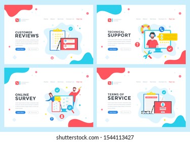 Customer reviews, technical support, online survey, terms of service concepts. Modern web page, website design templates set. Vector illustration