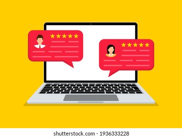 Customer Reviews. User Reviews Bubble On Laptop. Feedback, Experience Concept. Online Review Notifications With Star Ratings. Flat Style. Vector Illustration.