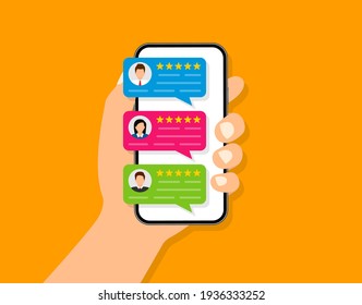 Customer reviews. User reviews bubble on smartphone. Feedback, experience concept. Online review notifications with star ratings. Flat style. Vector illustration.