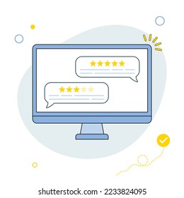 Customer reviews. User reviews bubble on computer. Feedback, experience concept. Online review notifications with star ratings. Flat style. Vector illustration