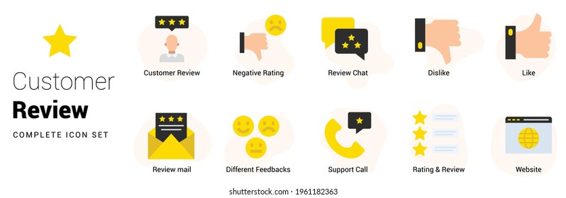 Customer reviews vector icon set. Feedback and user experience of clients. Loyalty and testimonials from users. Testimonials, customer relationship management or CRM concept.