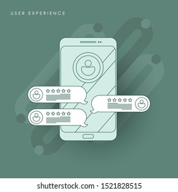 Customer Reviews.Review rating on mobile phone. Review rating bubble speeches. Concept of line icon with green theme 