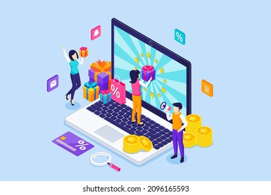 Customer reward concept. a young woman standing in front of a giant laptop is receiving a gift box from the Online Loyalty Program. Isometric Vector Illustration