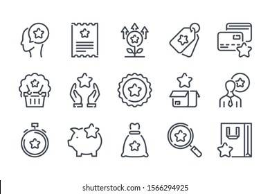 Customer reward service related line icon set. Loyalty program and client bonuses linear icons. Coupon and point tickets outline vector sign collection.