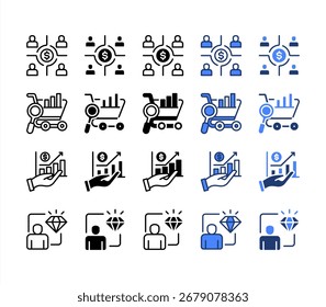 Customer, Sales analytics, Investment, Value chain, multiple style icon set.