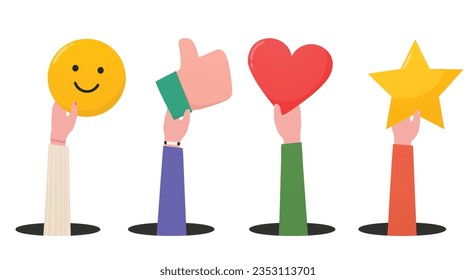 Customer satisfactio. Raised hands with people's reviews of products or services. Rating of users leaving emotions, stars, hearts, thumbs up.