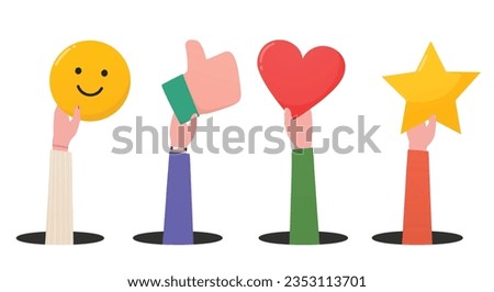 Customer satisfactio. Raised hands with people's reviews of products or services. Rating of users leaving emotions, stars, hearts, thumbs up.
