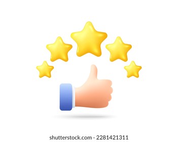 Icono 3d de satisfacción del cliente. Evaluación de calidad con estrellas. Califique el mejor servicio con el dedo arriba. Revisión del servicio de cliente. Califique la satisfacción del cliente, de alta calidad. Estrellas de comentarios de usuarios. Vector